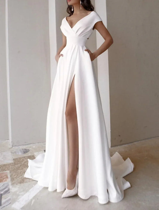 A-Line Crepe Cap Sleeve High Slit Wedding Dress - Yihuiw by Yihuiw