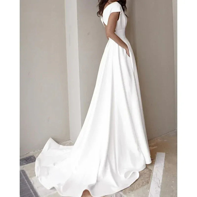 A-Line Crepe Cap Sleeve High Slit Wedding Dress - Yihuiw by Yihuiw