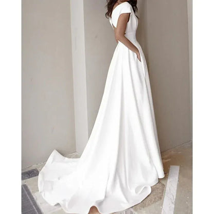 A-Line Crepe Cap Sleeve High Slit Wedding Dress - Yihuiw by Yihuiw