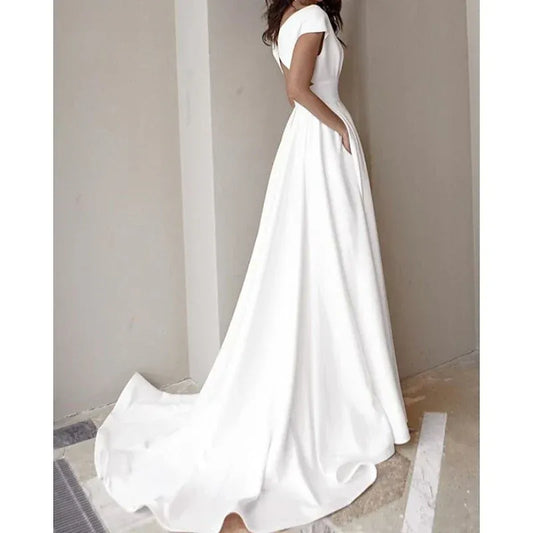 A-Line Crepe Cap Sleeve High Slit Wedding Dress - Yihuiw by Yihuiw