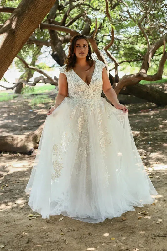 A-Line V-Neck Tulle Cap Sleeve Train Wedding Dress - Yihuiw by Yihuiw