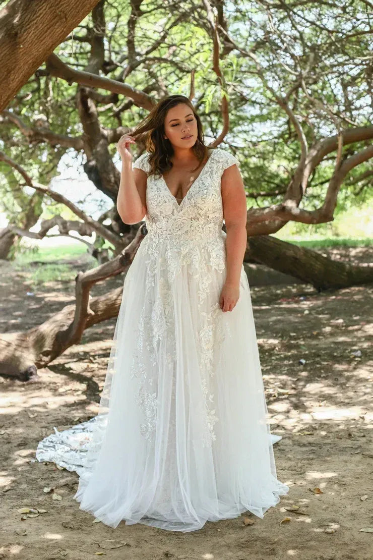 A-Line V-Neck Tulle Cap Sleeve Train Wedding Dress - Yihuiw by Yihuiw