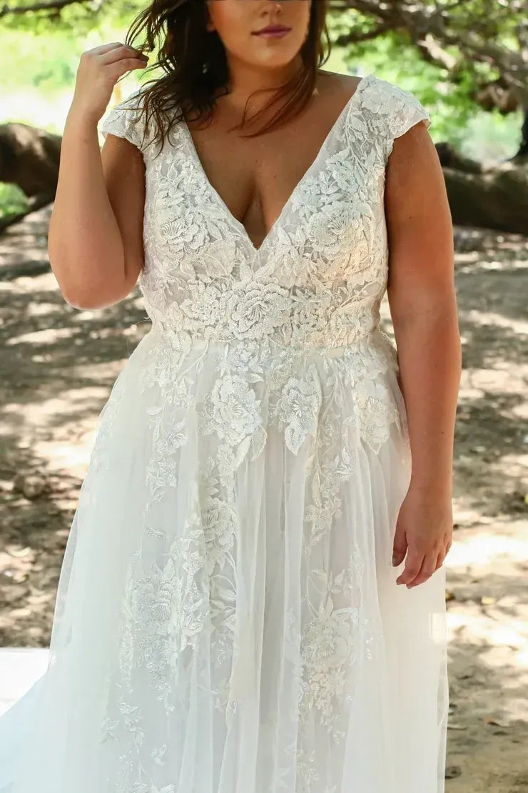 A-Line V-Neck Tulle Cap Sleeve Train Wedding Dress - Yihuiw by Yihuiw