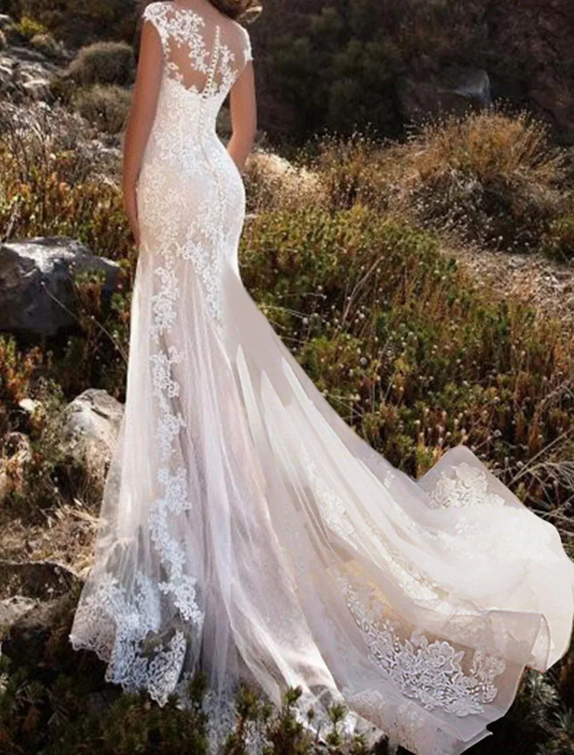 Mermaid Illusion Lace Cap Sleeve Train Wedding Dress - Yihuiw by Yihuiw