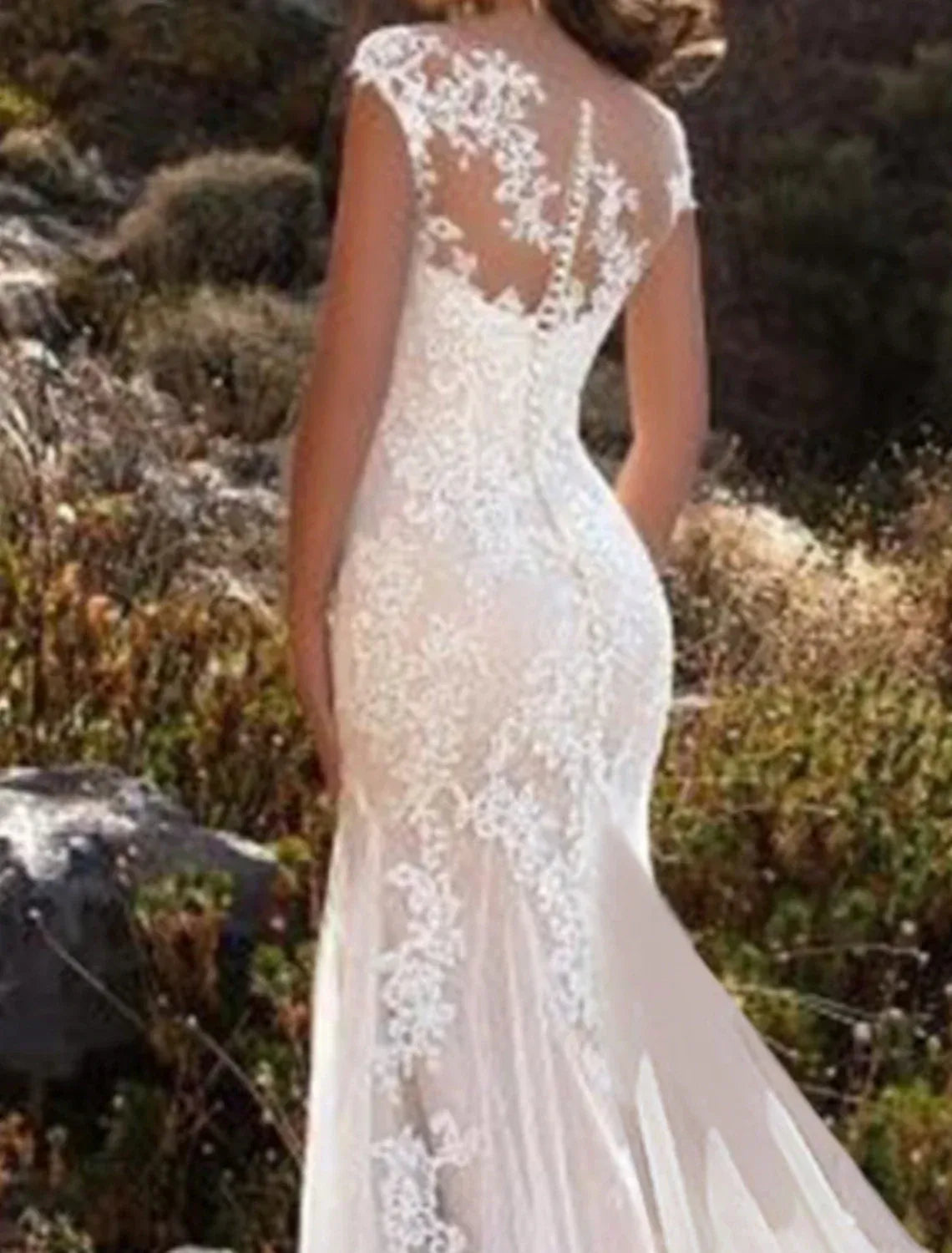 Mermaid Illusion Lace Cap Sleeve Train Wedding Dress - Yihuiw by Yihuiw