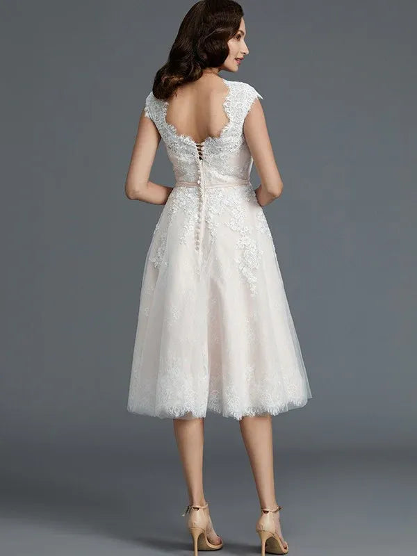 Satin Lace-Up Back Knee-Length Wedding Dress - Yihuiw by Yihuiw