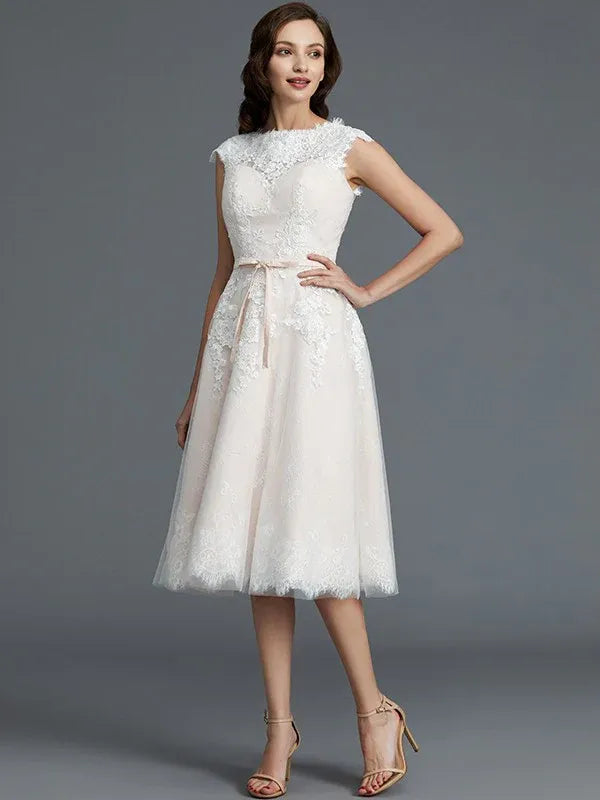 Satin Lace-Up Back Knee-Length Wedding Dress - Yihuiw by Yihuiw