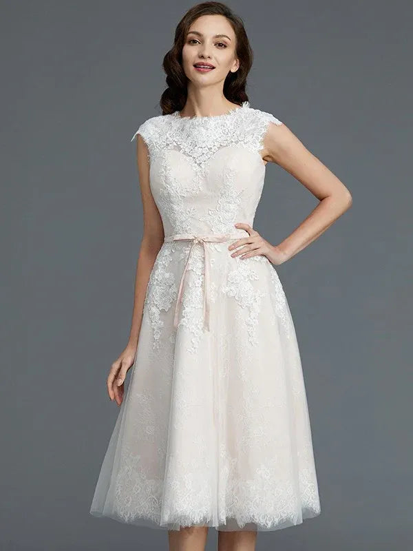 Satin Lace-Up Back Knee-Length Wedding Dress - Yihuiw by Yihuiw