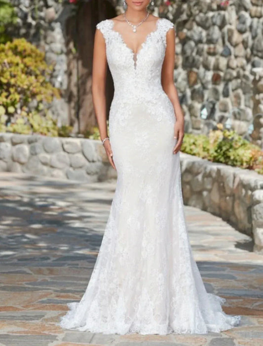 Mermaid Plunging Lace Train Wedding Dress - Yihuiw by Yihuiw