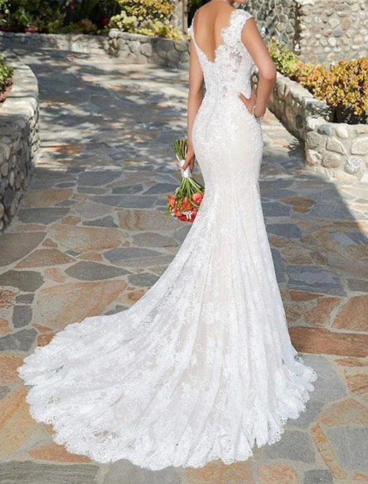 Mermaid Plunging Lace Train Wedding Dress - Yihuiw by Yihuiw