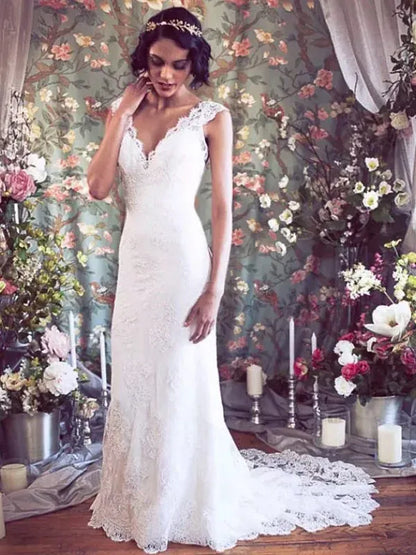 Mermaid Lace Lace-Up Back Train Wedding Dress - Yihuiw by Yihuiw