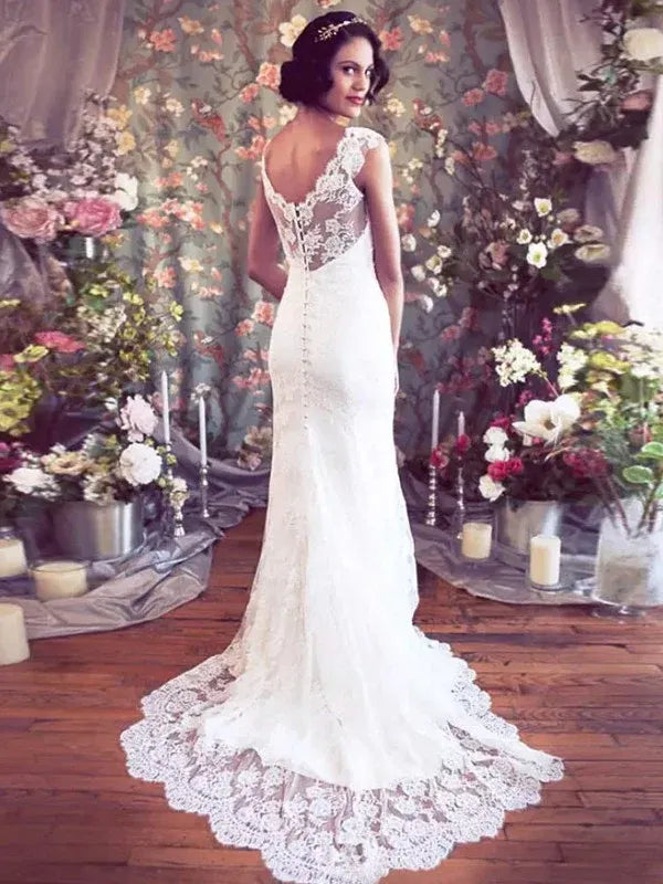 Mermaid Lace Lace-Up Back Train Wedding Dress - Yihuiw by Yihuiw