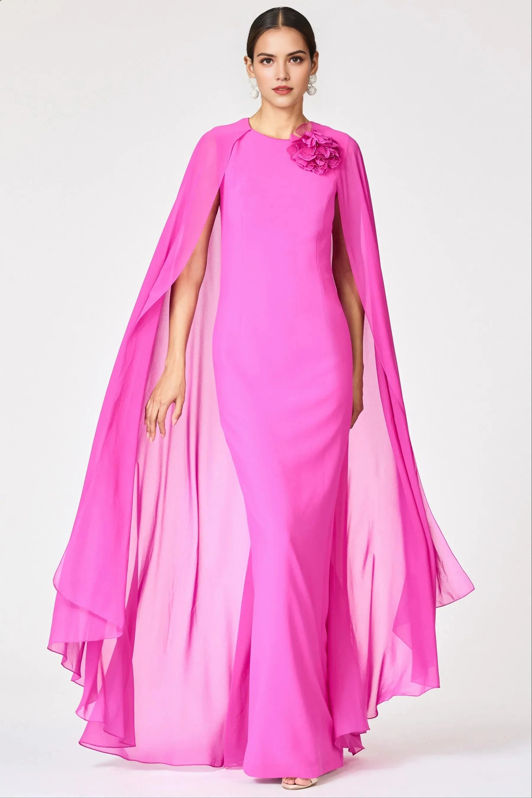 Caped Sheath Crew Neck Flower Accent Sleeveless Zipper Back Floor Length For Ladies Evening Dress by YiHuiw