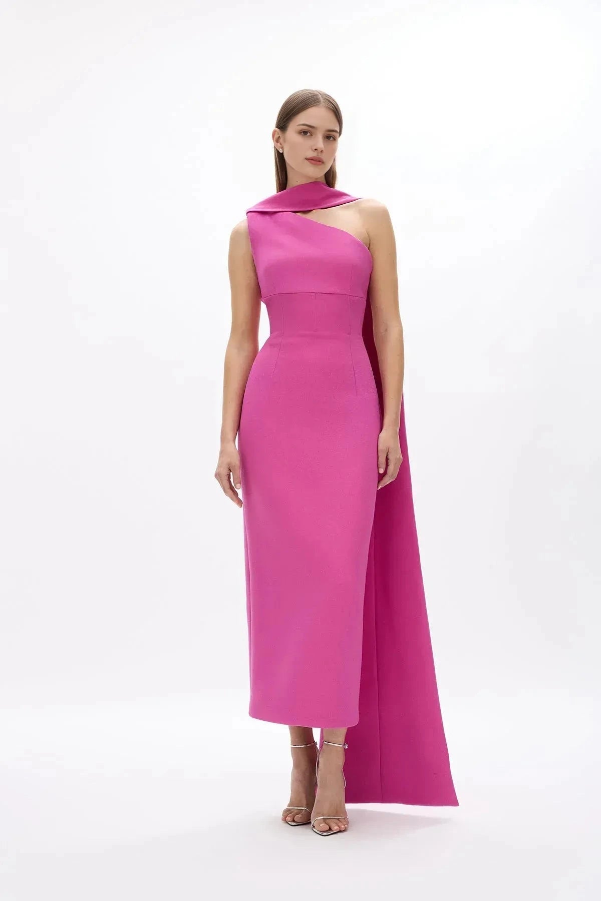 Caped Sheath One Shoulder Sleeveless Zipper Back High Slit Midi Length For Women Prom Dress by YiHuiw