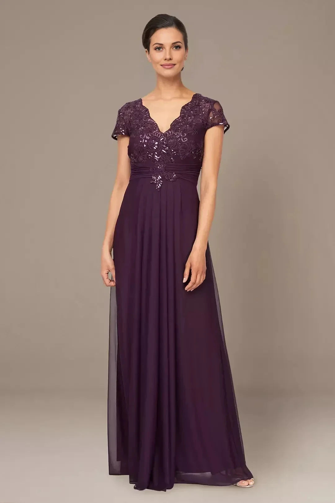 Captivating A Line V Neck Cap Sleeve Lace Back Floor Length Mother of the Bride Dress by YiHuiw
