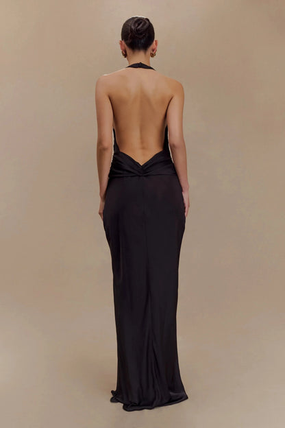 Captivating Sheath Halter Neck Sleeveless Draped Back Floor Length Prom Dress by YiHuiw