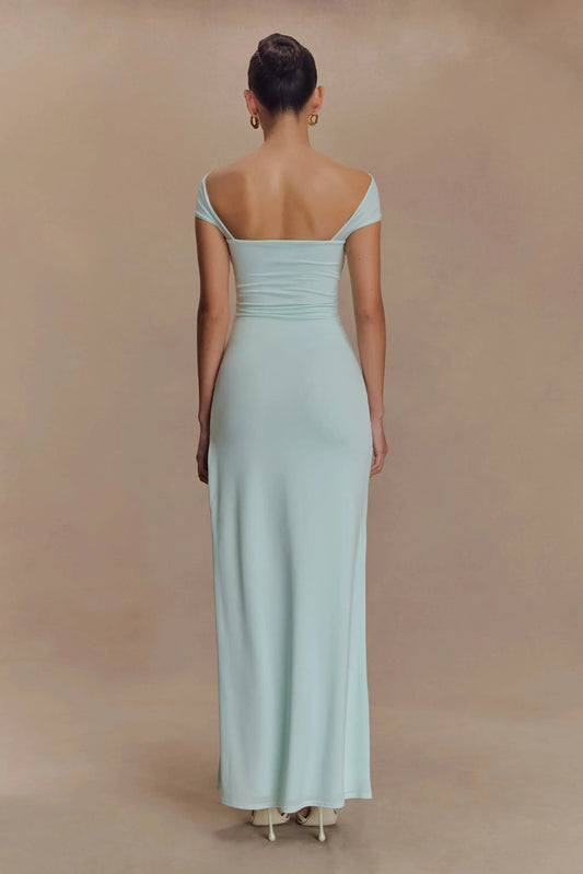 Captivating Sheath Off Shoulder Short Sleeve Ruched Back Floor Length Prom Dress by YiHuiw