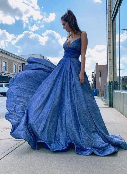 Blue long camisole dress with deep V-neckline suitable for dinners, dances, award ceremonies, etc by YiHuiw