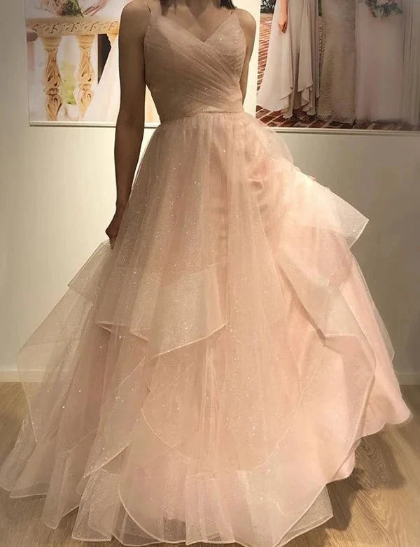 Pink mesh dress with deep V-neck straps and irregular skirt hem suitable for dinner parties by YiHuiw