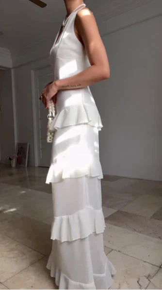 Casual V Neck Chiffon Ruffle Prom Dress Backless Long Formal Dresses simple gentle atmospheric and unique desi Bring summer colors to enhance whiteness by YiHuiw