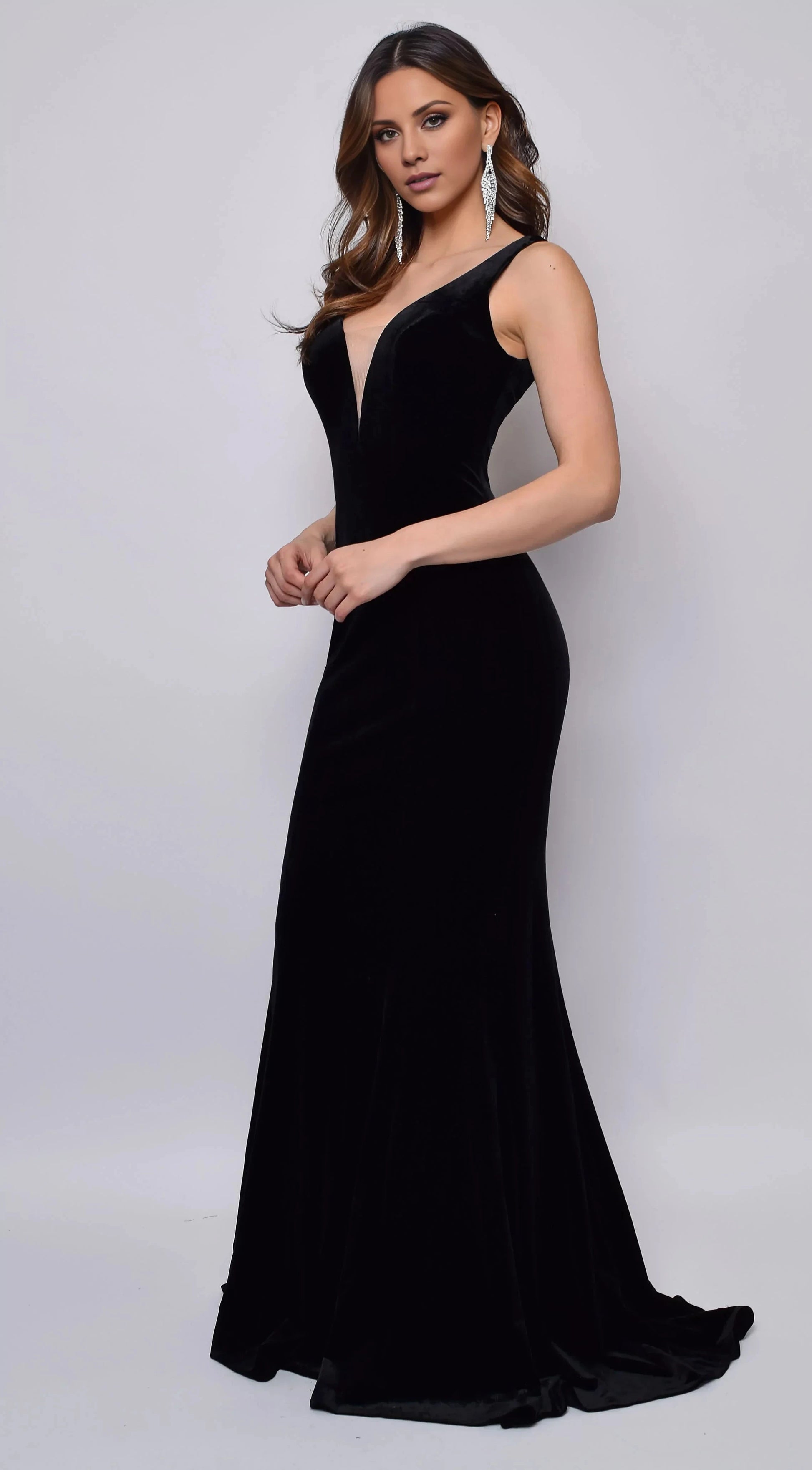 Ceremonial Black Velvet Sleeveless Deep V-Neck Sleeveless Mermaid Train Evening Dress by YiHuiw