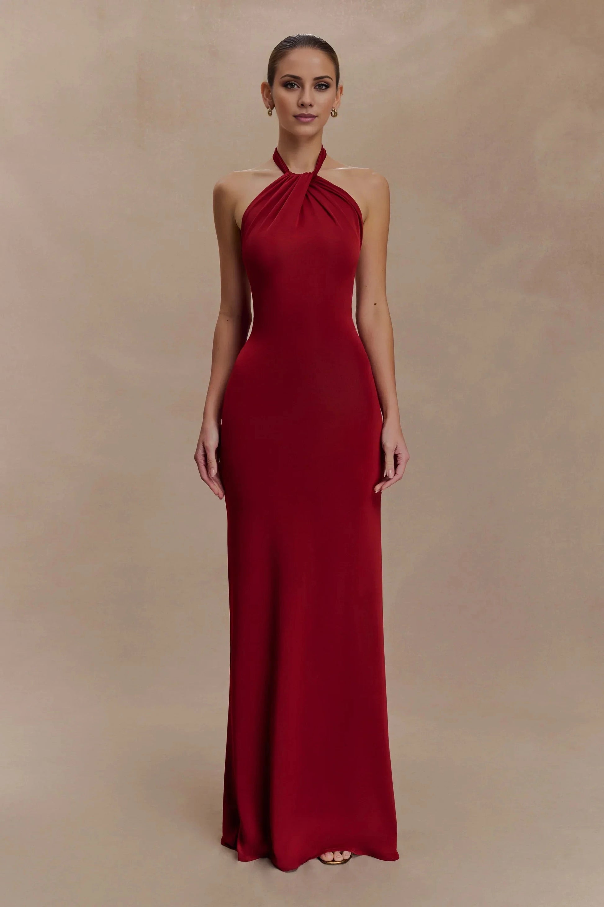 Ceremonial Halter-Neck Sleeveless Open-Back Fitted Floor-Length Evening Dress by YiHuiw