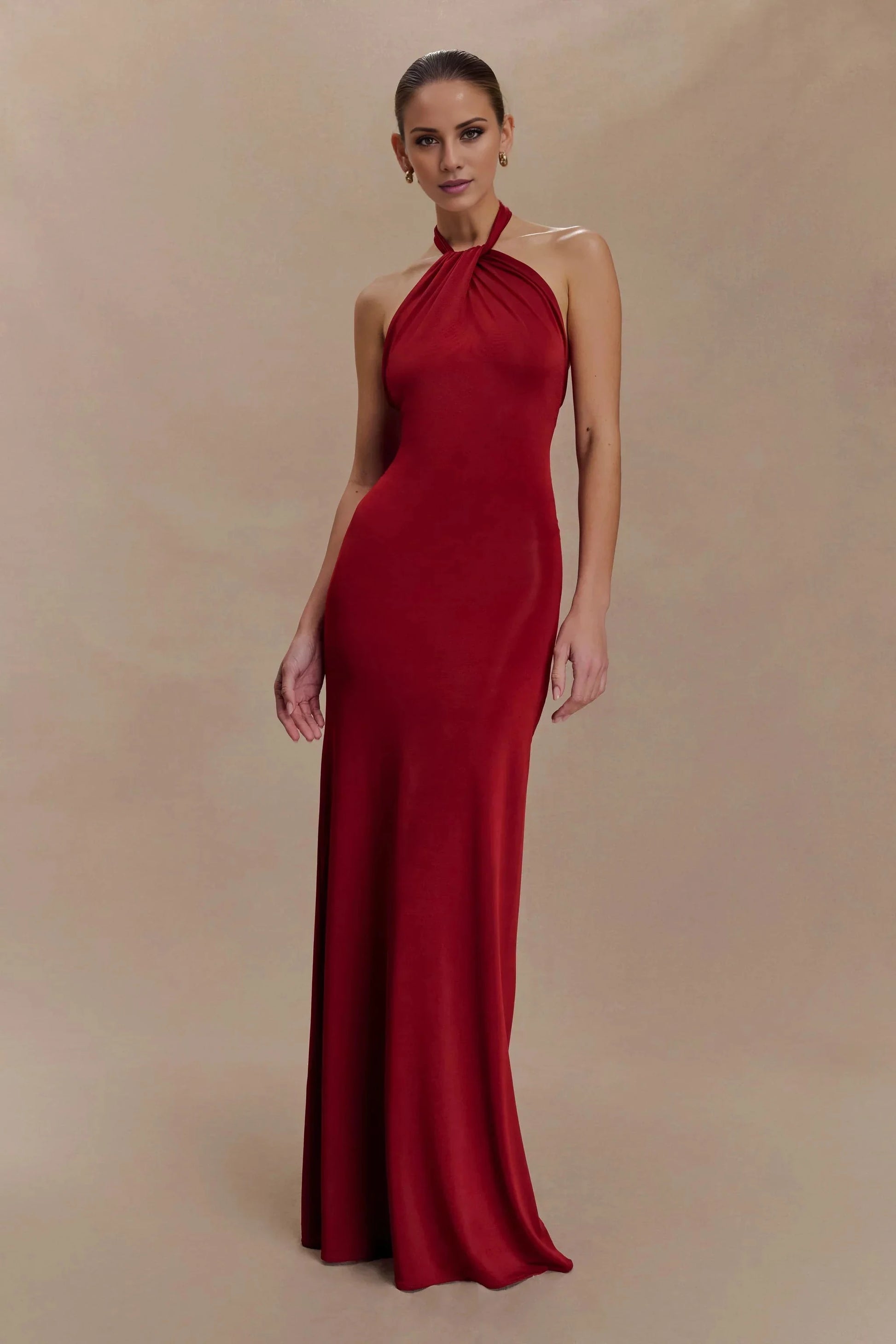 Ceremonial Halter-Neck Sleeveless Open-Back Fitted Floor-Length Evening Dress by YiHuiw
