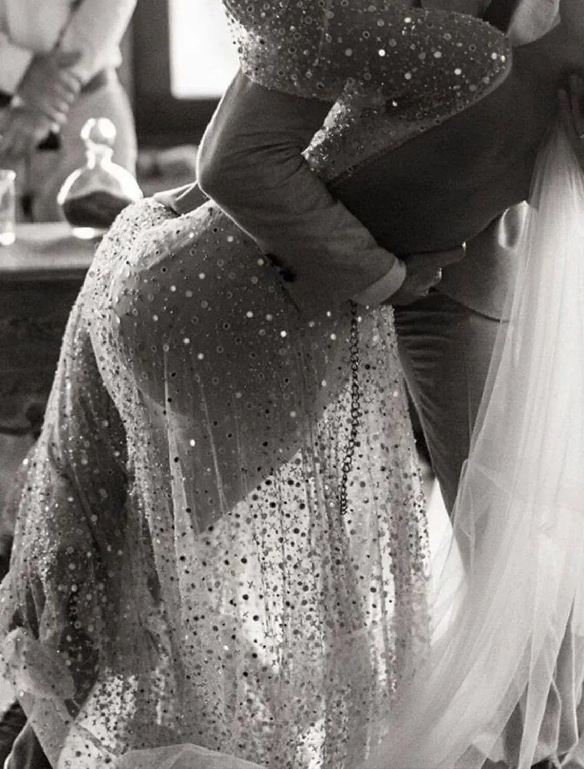 Champagne A-Line Sequin Puff Sleeve Train Wedding Dress - Yihuiw by Yihuiw