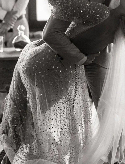 Champagne A-Line Sequin Puff Sleeve Train Wedding Dress - Yihuiw by Yihuiw