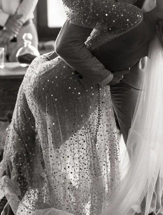 Champagne A-Line Sequin Puff Sleeve Train Wedding Dress - Yihuiw by Yihuiw