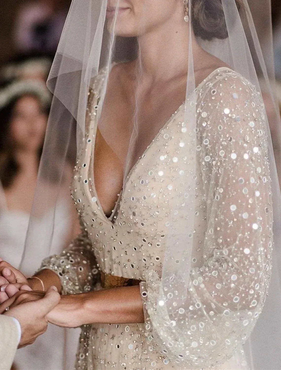 Champagne A-Line Sequin Puff Sleeve Train Wedding Dress - Yihuiw by Yihuiw