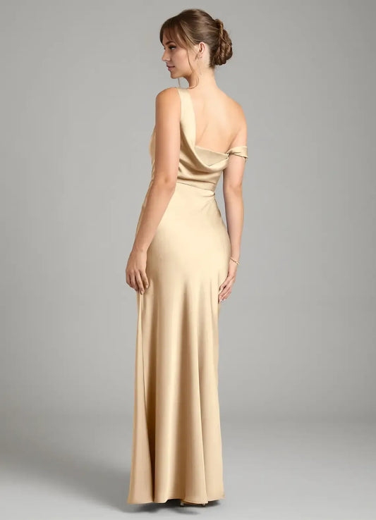 Champagne One-Shoulder Satin High Slit Floor-Length Wedding Dress - Yihuiw by Yihuiw