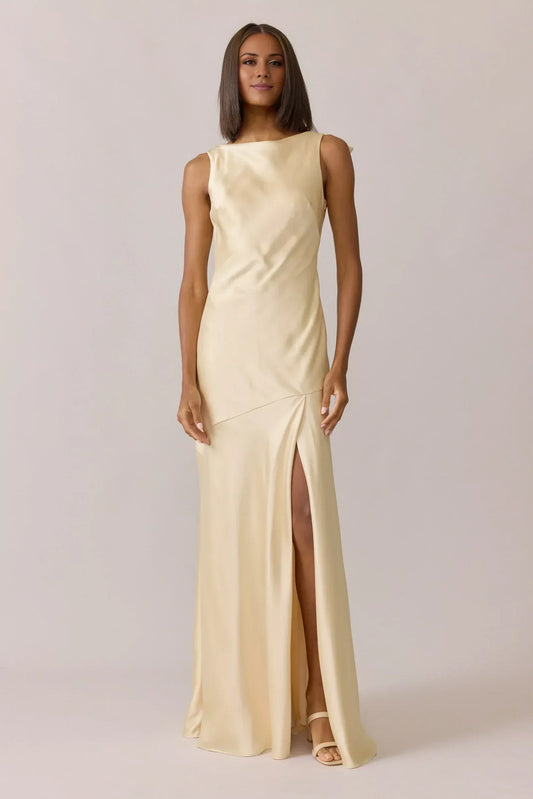Champagne High Neck Satin Open Back High Slit Floor-Length Wedding Dress - Yihuiw by Yihuiw
