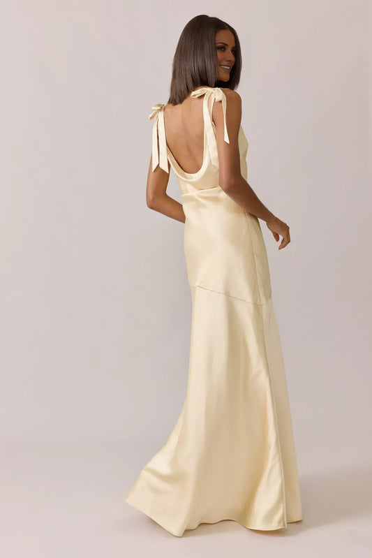 Champagne High Neck Satin Open Back High Slit Floor-Length Wedding Dress - Yihuiw by Yihuiw