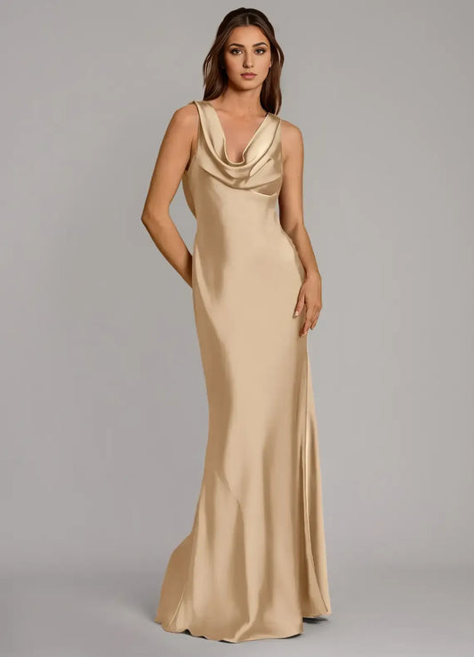 Champagne Mermaid Spaghetti Strap Satin Floor-Length Wedding Dress - Yihuiw by Yihuiw