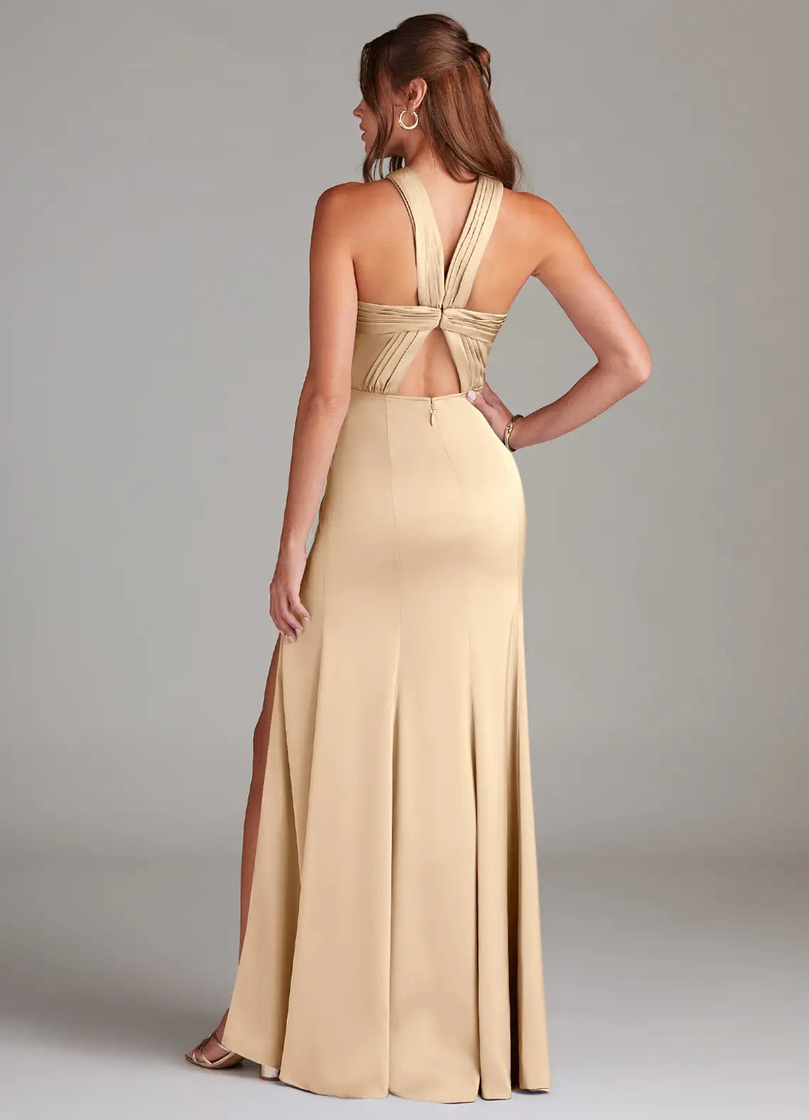 Champagne Mermaid Halter Satin Open Back High Slit Floor-Length Wedding Dress - Yihuiw by Yihuiw