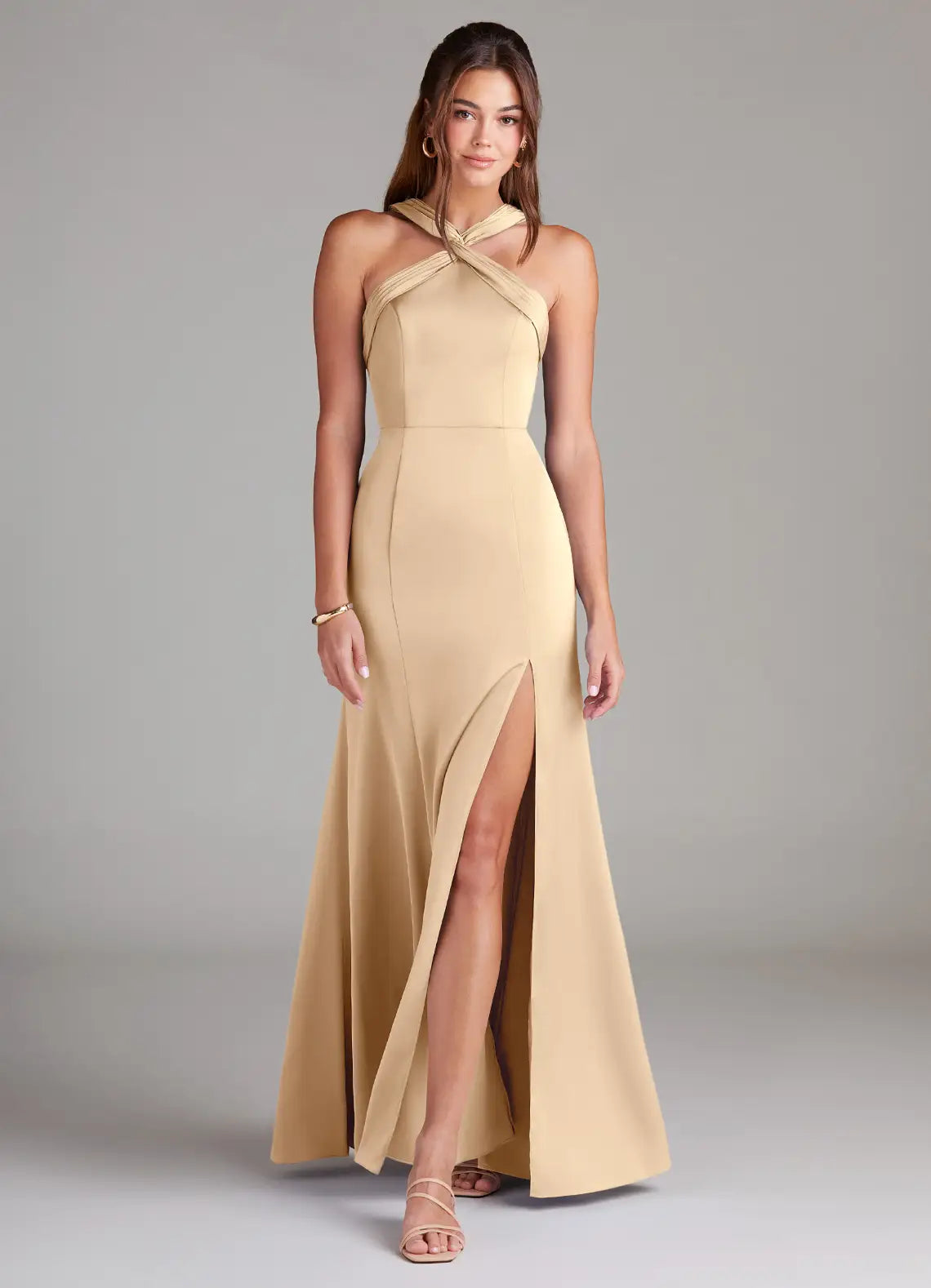 Champagne Mermaid Halter Satin Open Back High Slit Floor-Length Wedding Dress - Yihuiw by Yihuiw