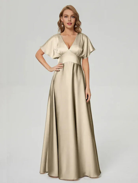 Champagne A-Line Satin Short Sleeve Floor-Length Wedding Dress - Yihuiw by Yihuiw