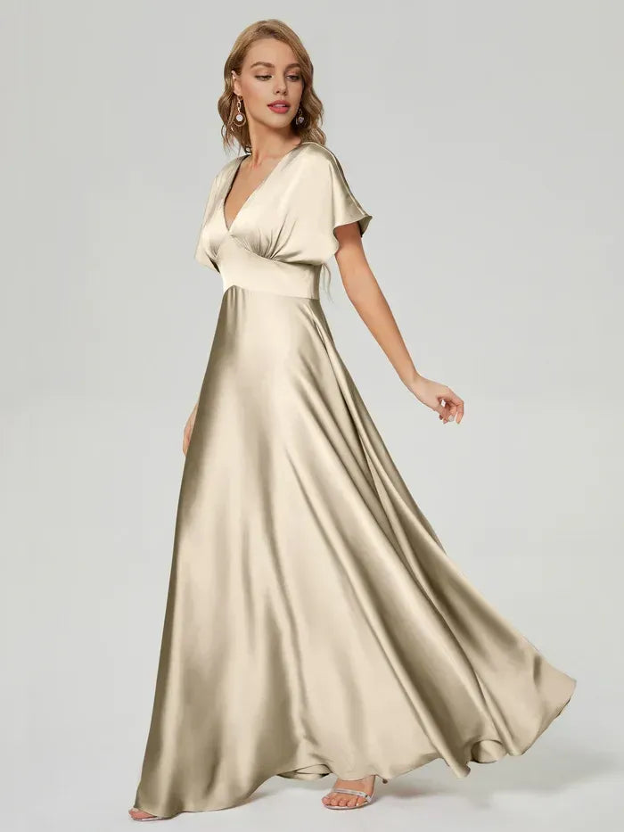 Champagne A-Line Satin Short Sleeve Floor-Length Wedding Dress - Yihuiw by Yihuiw
