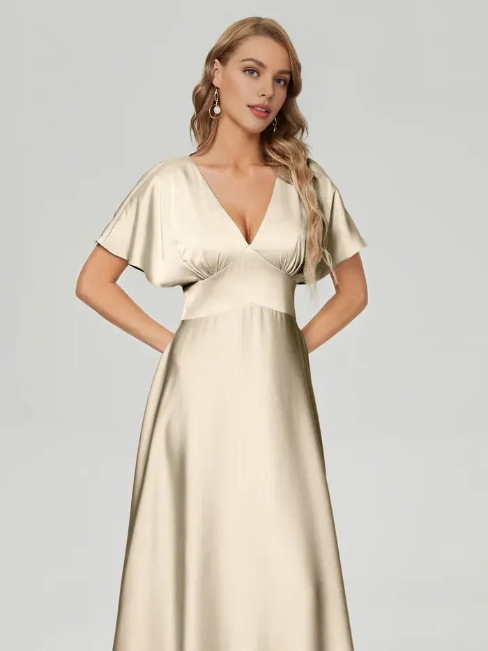 Champagne A-Line Satin Short Sleeve Floor-Length Wedding Dress - Yihuiw by Yihuiw