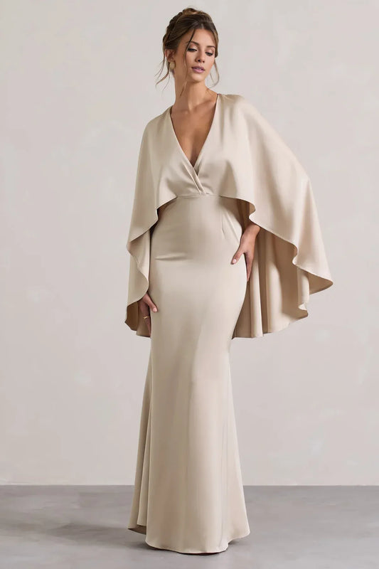 Champagne Mermaid V-Neck Floor-Length Wedding Dress - Yihuiw by Yihuiw