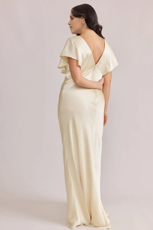 Champagne V-Neck Satin Floor-Length Wedding Dress - Yihuiw by Yihuiw