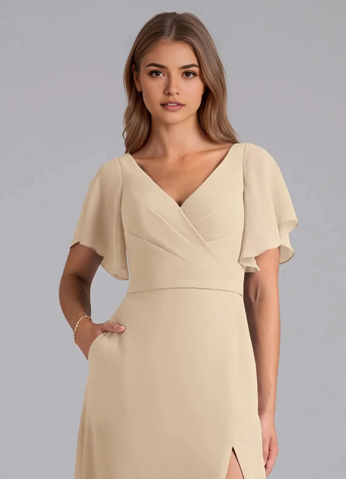 Champagne Flutter Sleeve V-Neck Maxi Dress with Side Slit Champagne A-Line Pleated Chiffon Dress Bridesmaid Dresses by YiHuiw