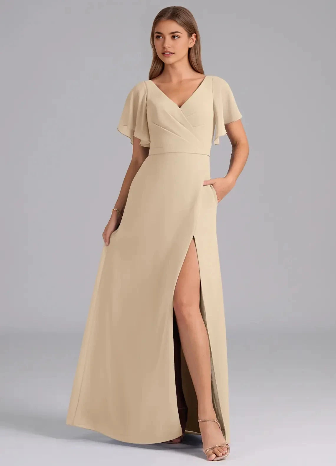 Champagne Flutter Sleeve V-Neck Maxi Dress with Side Slit Champagne A-Line Pleated Chiffon Dress Bridesmaid Dresses by YiHuiw