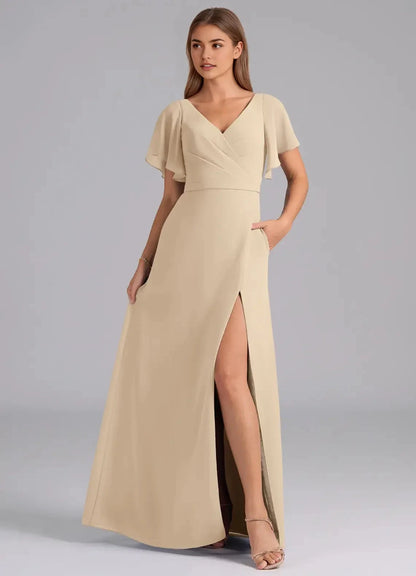 Champagne Flutter Sleeve V-Neck Maxi Dress with Side Slit Champagne A-Line Pleated Chiffon Dress Bridesmaid Dresses by YiHuiw