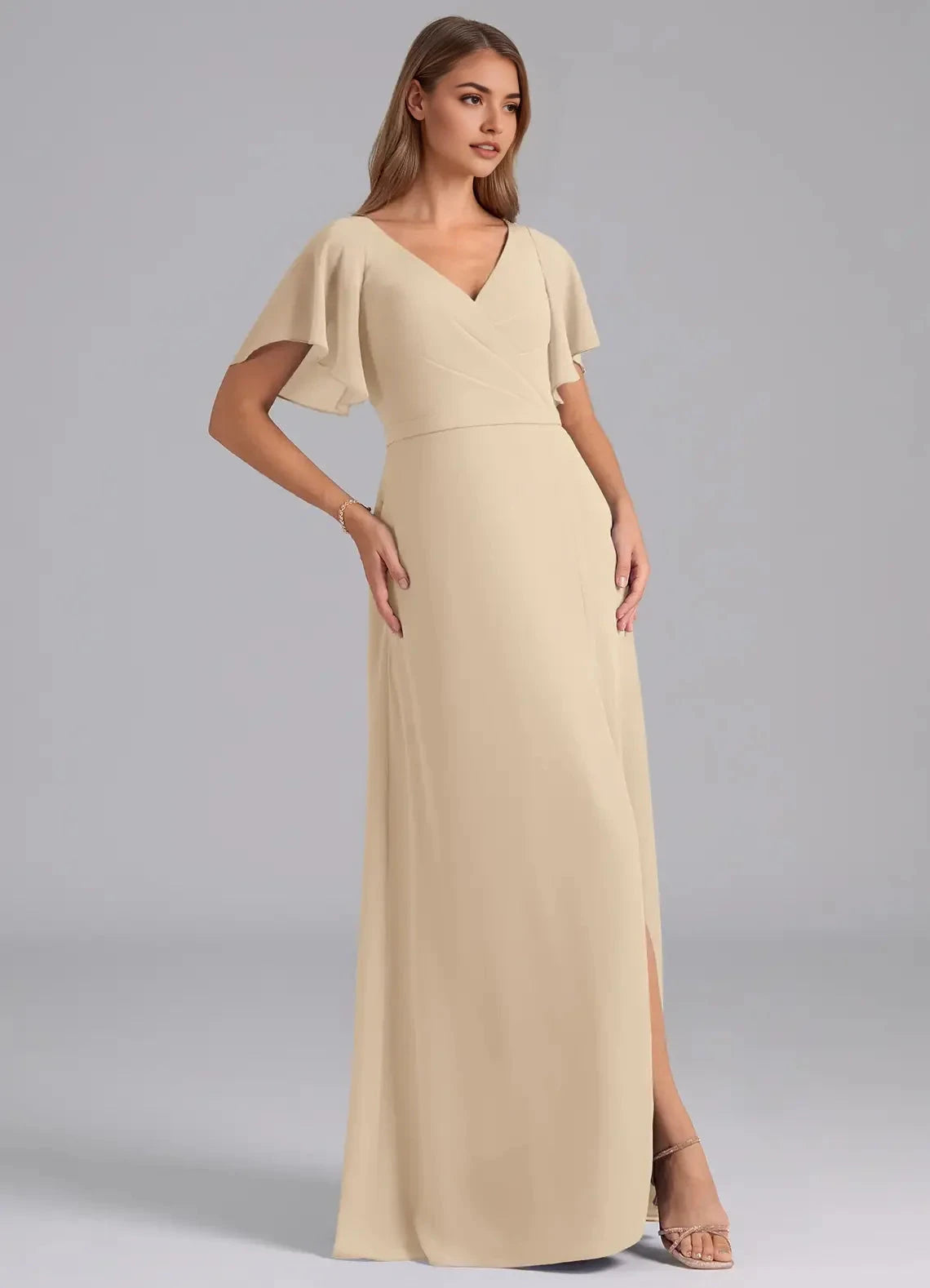 Champagne Flutter Sleeve V-Neck Maxi Dress with Side Slit Champagne A-Line Pleated Chiffon Dress Bridesmaid Dresses by YiHuiw