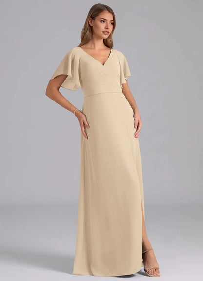 Champagne Flutter Sleeve V-Neck Maxi Dress with Side Slit Champagne A-Line Pleated Chiffon Dress Bridesmaid Dresses by YiHuiw