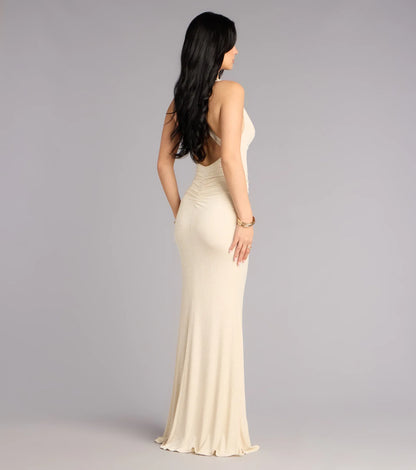 Champagne Mermaid Halter Ruched Floor-Length Wedding Dress - Yihuiw by Yihuiw