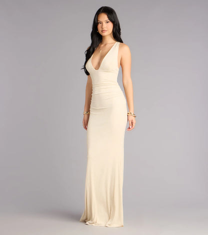 Champagne Mermaid Halter Ruched Floor-Length Wedding Dress - Yihuiw by Yihuiw
