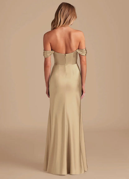 Champagne Mermaid Off-Shoulder Satin High Slit Floor-Length Wedding Dress - Yihuiw by Yihuiw
